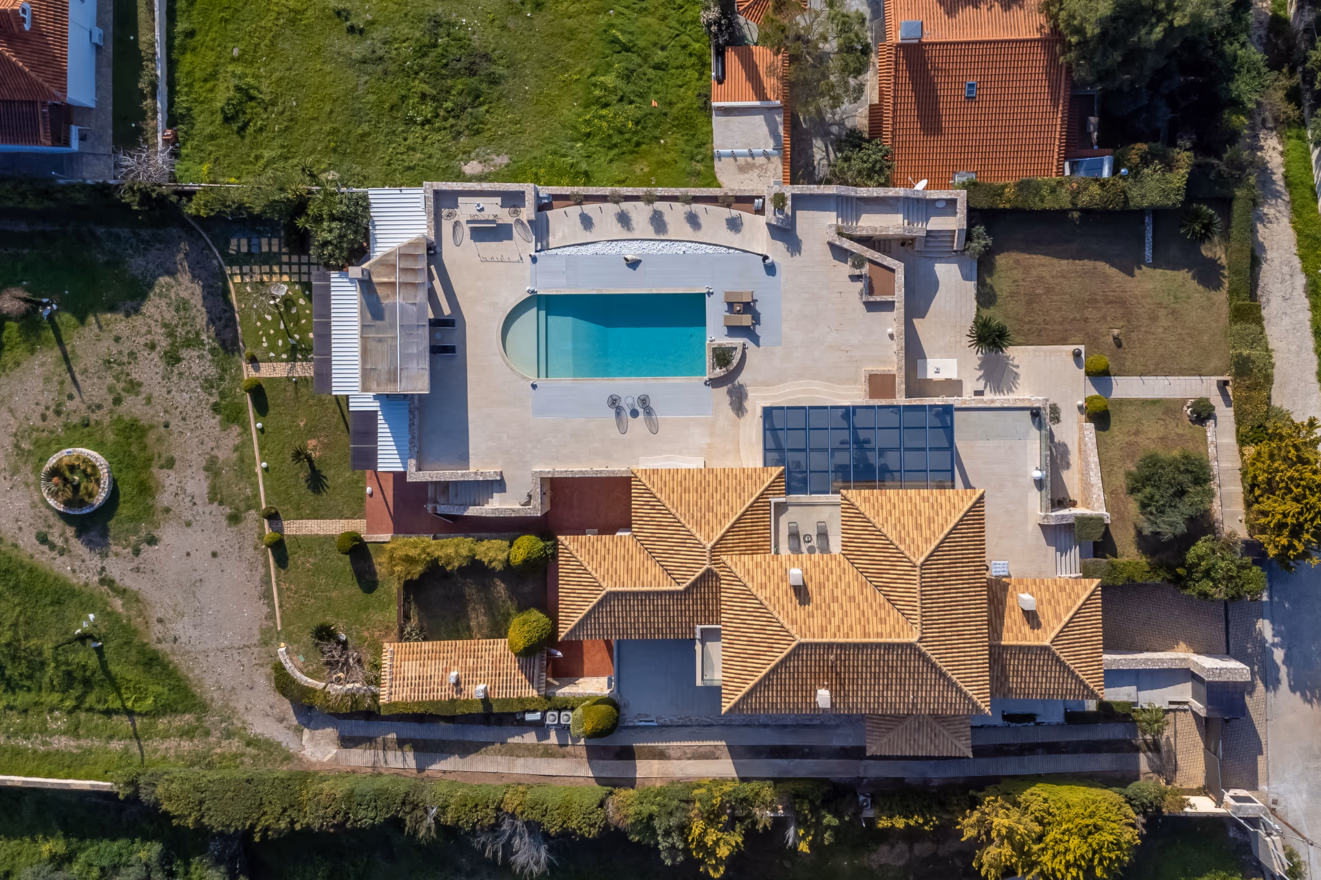 Aerial view of Villa 360 and the Saronic Gulf coastline