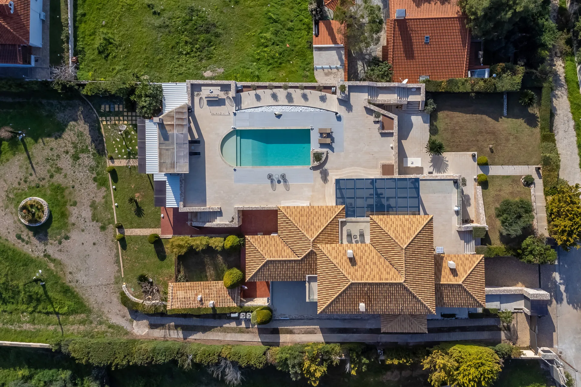 Aerial view of Villa 360 and the Saronic Gulf coastline
